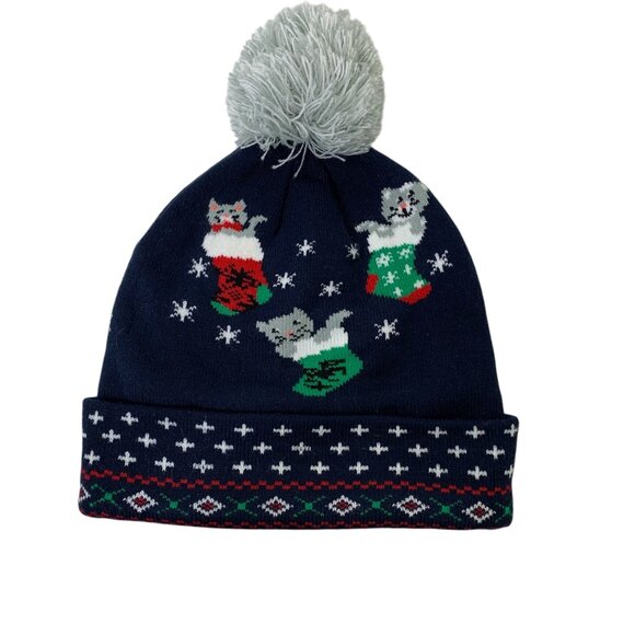 Dec 25th Knit Cuffed Pom Christmas Cats in Stockings Beanie Hat - Picture 1 of 6